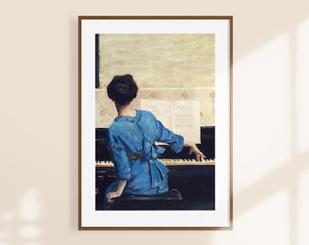 Piano Love Art Print | Female Portrait Oil Painting | Dining Music Room Art | Cottagecore Fine Art Reproduction