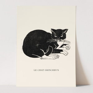 Grumpy French Cat Art Print | Funny Cat Lover Wall Decor | Vintage Illustration | Framed Black and White Artwork | Quirky Kitty Dorm Art