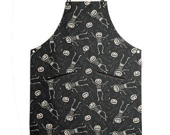 Halloween Skeleton and Pumpkin Apron – Spooky Kitchen Apron for Halloween Parties, Customizable Apron for Cooking, BBQ, and Crafting