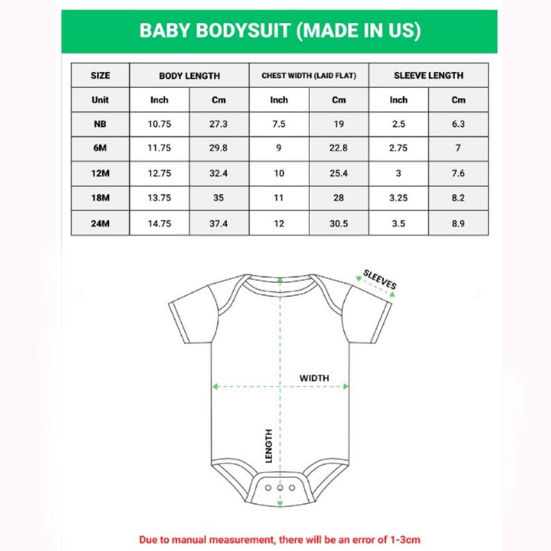May include: A white baby bodysuit with size chart. The chart shows body length, chest width, and sleeve length in inches and centimeters for sizes NB to 24M. The text "BABY BODYSUIT (MADE IN US)" is at the top.