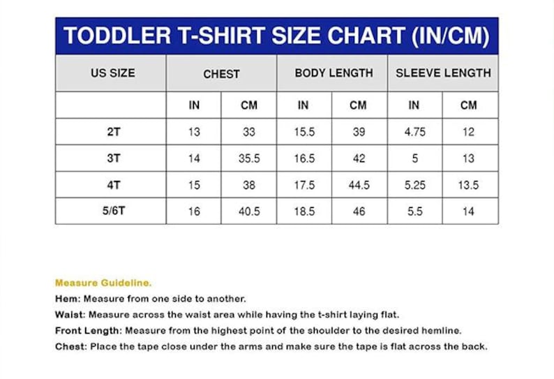 Op de afbeelding: Een blauw en witte maattabel voor peuter-T-shirts. De tabel bevat de Amerikaanse maten 2T, 3T, 4T en 5/6T, met borstmaten vari&euml;rend van 33 tot 40,5 cm en lichaamslengtes van 39 tot 46 cm.