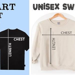 K&ouml;nnte beinhalten: Gr&ouml;&szlig;entabellen f&uuml;r T-Shirts und Unisex-Sweatshirts. Die T-Shirt-Tabelle zeigt Brustma&szlig;e von 45,7 bis 81,3 cm und L&auml;ngen von 71,1 bis 88,9 cm. Die Sweatshirt-Tabelle zeigt Brustma&szlig;e von 50,8 bis 86,4 cm und L&auml;ngen von 68,6 bis 86,4 cm.