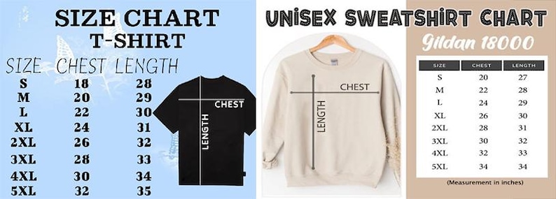 K&ouml;nnte beinhalten: Gr&ouml;&szlig;entabellen f&uuml;r T-Shirts und Unisex-Sweatshirts. Die T-Shirt-Tabelle zeigt Brustma&szlig;e von 45,7 bis 81,3 cm und L&auml;ngen von 71,1 bis 88,9 cm. Die Sweatshirt-Tabelle zeigt Brustma&szlig;e von 50,8 bis 86,4 cm und L&auml;ngen von 68,6 bis 86,4 cm.
