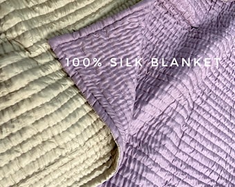 100% Mulberry Silk Hand Stitched quilt- luxury bedroom - custom quilt- LILAC silk blanket - quilt silk throw - natural silk throw