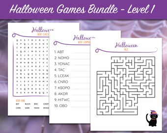 Juegos de palabras imprimibles de Halloween - Nivel 1 / Búsqueda de palabras / Mezcla de palabras / Laberinto