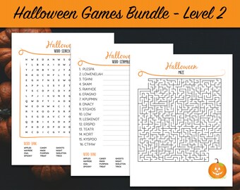 Juegos de palabras imprimibles de Halloween - Nivel 2 / Búsqueda de palabras / Mezcla de palabras / Laberinto