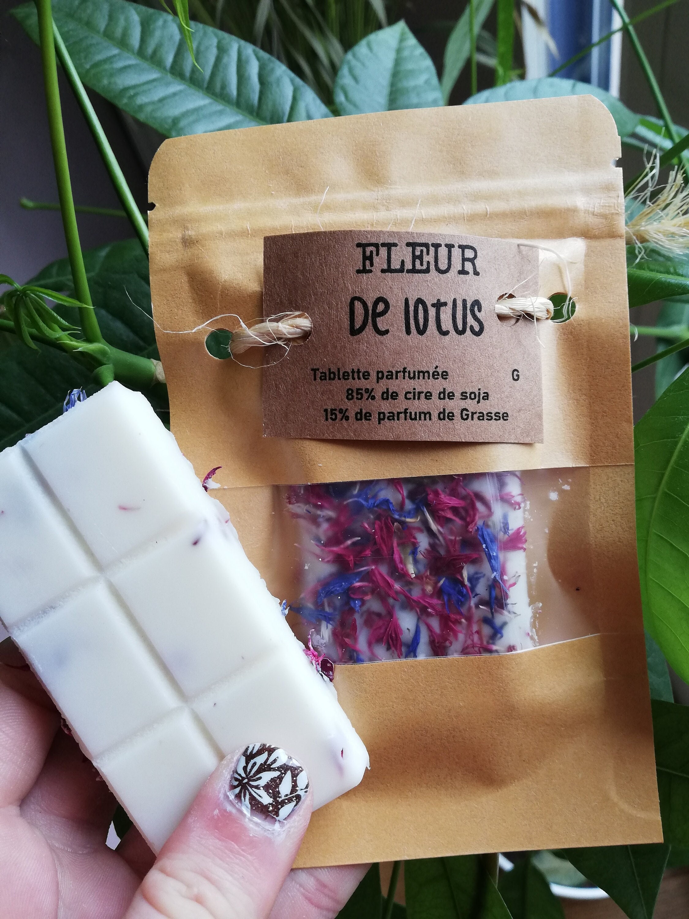 Fleur de Lotus Tablette Fondant Parfumé, Cire Soja, Parfum Grasse et Fleurs Séchées