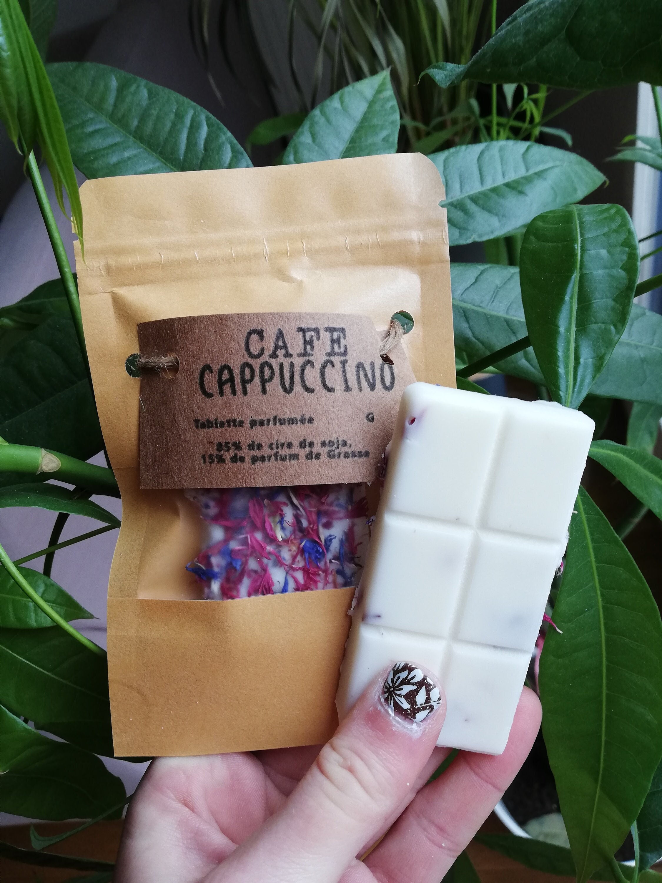 Café Cappuccino Tablette de Fondant Parfumé, Cire Soja, Parfum Grasse et Fleurs Séchées