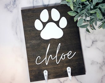Dog Sign | Dog Lover Gift | Custom Dog Leash Holder | Personalized Dog Paw Leash Holder | Dog Leash Hanger | Wooden Dog Leash Holder