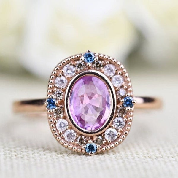 Art Deco Pink Sapphire Oval Cut Diamond Ring, Round Cut Halo Vintage Ring, 14K Solid Rose Gold Ring, Milgrain Bezel Set Anniversary Ring