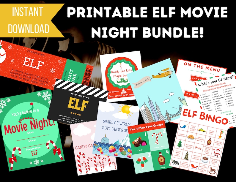 Elf Movie Night PRINTABLE Bundle Instant Download 17 Pages Etsy