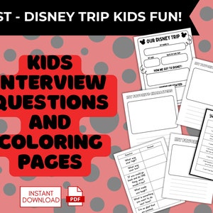 Può includere: Pagine da colorare e domande di intervista sul tema del viaggio a Disney per bambini. Le pagine includono domande come "Qual è stata la tua giostra preferita?" e "Cosa ti ha fatto ridere?" oltre a una pagina "Sì o No: Edizione Disney".