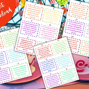 May include: A set of 24 colourful cards with numbers and text. The cards are printed with a variety of Disney characters and themes. The cards are arranged in a grid pattern on a table with a teacup and saucer in the background.