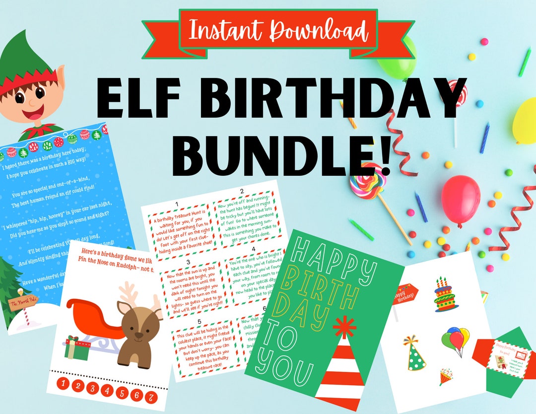 Elf Birthday Bundle Printable INSTANT DOWNLOAD Birthday Treasure Hunt