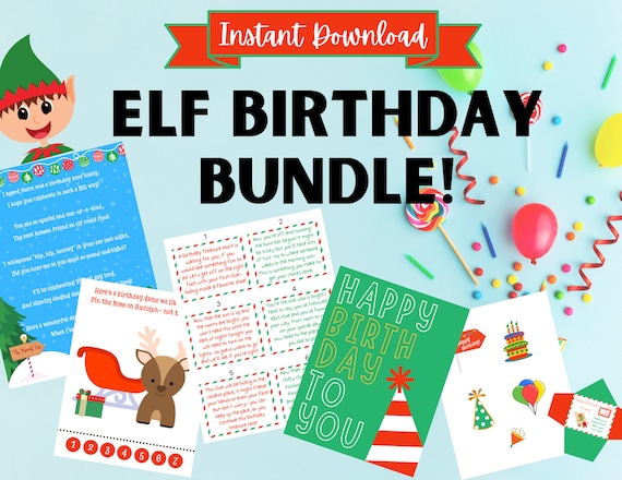 Elf Birthday Bundle Printable INSTANT DOWNLOAD Birthday