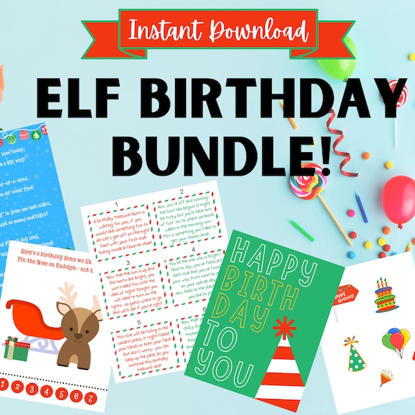 Elf Birthday Bundle! Printable INSTANT DOWNLOAD- Birthday Treasure Hunt + Birthday letter from elf + Elf Props + more!