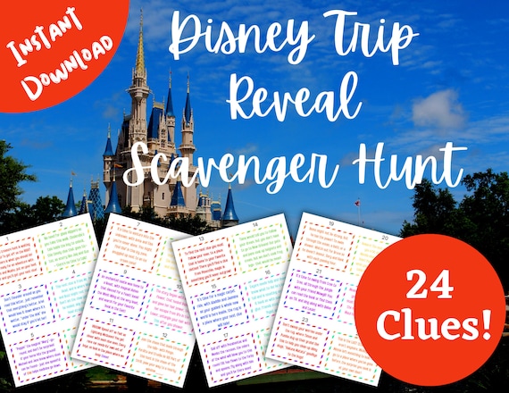 Magical Theme Park Trip Reveal Scavenger / Treasure Hunt ! 24 INDOOR Clues + Surprise Signs - Rhyming, Themed Clues - Instant Download PDF