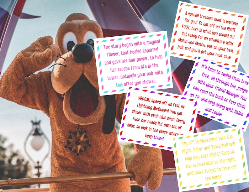 May include: A colourful treasure hunt game with instructions on cards featuring Disney characters such as Rapunzel, Lightning McQueen, Mowgli, Peter Pan, and Tinkerbell. The cards are held by a brown plush dog character.