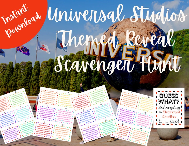 May include: A colorful scavenger hunt game with clues printed on cards. The cards are laid out on a brick walkway in front of a globe with the words "Universal Studios" on it. The game is themed around a trip to Universal Studios. The text on the card reads "Guess What? We're going to Universal Studios in days!"