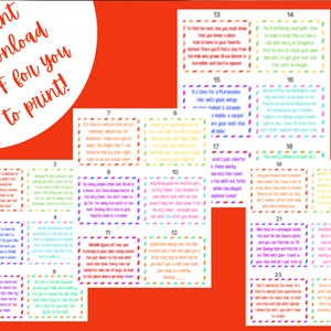 May include: A set of 24 colorful cards with numbers 1 through 24. Each card has a different color and a short sentence or phrase on it. The cards are designed for a scavenger hunt or game.