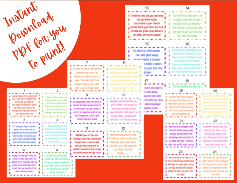 May include: A set of 24 colorful cards with numbers 1 through 24. Each card has a different color and a short sentence or phrase on it. The cards are designed for a scavenger hunt or game.
