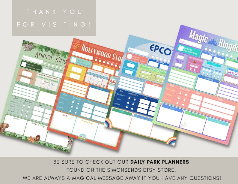 May include: Four colourful printable daily park planners for Disney World theme parks. The planners feature a different park each: Animal Kingdom, Hollywood Studios, Epcot, and Magic Kingdom. Each planner includes sections for meal planning, ride reservations, character meet-and-greets, and more.