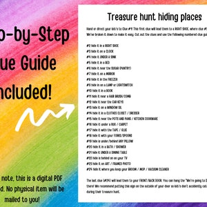 May include: A colourful printable PDF guide for a treasure hunt game. The guide includes a list of 24 hiding places for clues, with instructions to hide the first clue in a right shoe. The text "Step-by-Step Clue Guide Included!" is written in a rainbow font.