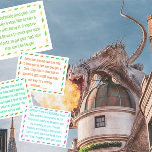 May include: Four colorful cards with text on them. The cards are placed on a wall with a dragon statue in the background. The text on the cards reads: "You'll definitely need gold-time to make a stop! Plan to take a ride with Harry at Gringotts-first be sure to check your pans and pots, to get your next clue that can't be bought."