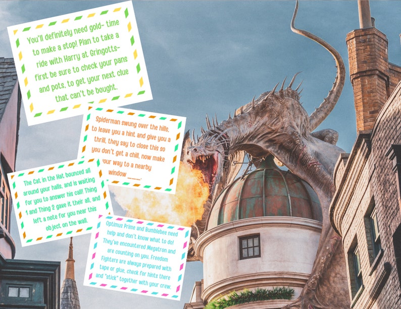 May include: Four colorful cards with text on them. The cards are placed on a wall with a dragon statue in the background. The text on the cards reads: "You'll definitely need gold-time to make a stop! Plan to take a ride with Harry at Gringotts-first be sure to check your pans and pots, to get your next clue that can't be bought."