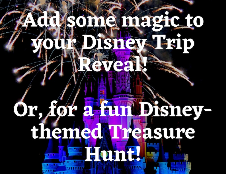 May include: A colourful fireworks display over Cinderella's Castle at Walt Disney World. The text reads "Add some magic to your Disney Trip Reveal! Or, for a fun Disney-themed Treasure Hunt!"