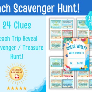 Beach Trip Reveal Scavenger / Treasure Hunt ! 24 Rhyming, Indoor Clues + Sign - Instant Download PDF - Beach Vacation for Kids
