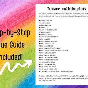 May include: A colorful printable treasure hunt game for kids with a step-by-step clue guide. The game includes 24 clues that lead to hiding places around the house, ending with a "We're going to Universal Studios" sign at the front door.
