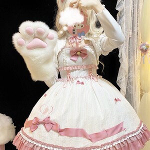Arjungo Women's Cat Paw Lolita Skirt - Embroidered Detachable Suspenders, Pleated Mini Skirt