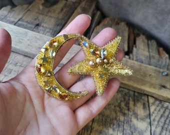 Gold Moon Star Brooch Set - Beaded Crescent Pin Gift