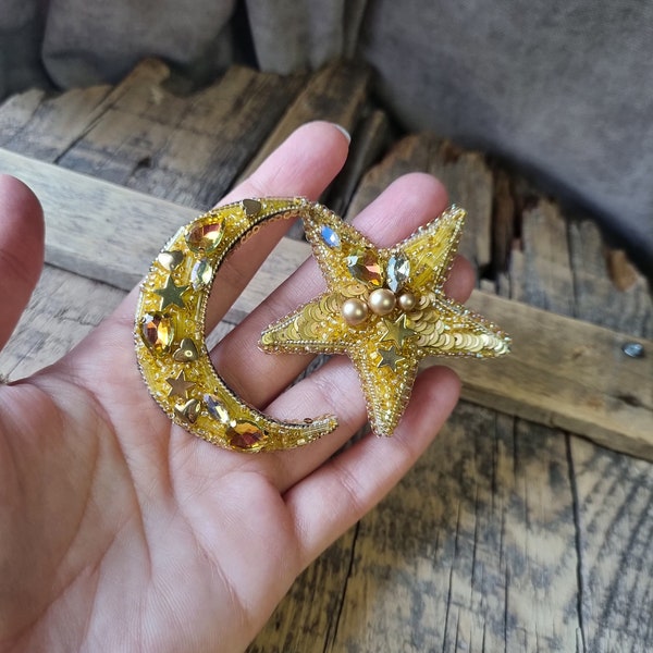 Moon and Star Brooch,  Crescent Brooch,  Gold Star Pin, Gold Moon Brooch, Sparkly Beaded Pin, Gift For Mother