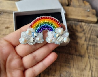 Handmade rainbow brooch, handmade brooch, jewelry lover, special design pin, beaded patch, aplique, colorful jewelry, gift for mom