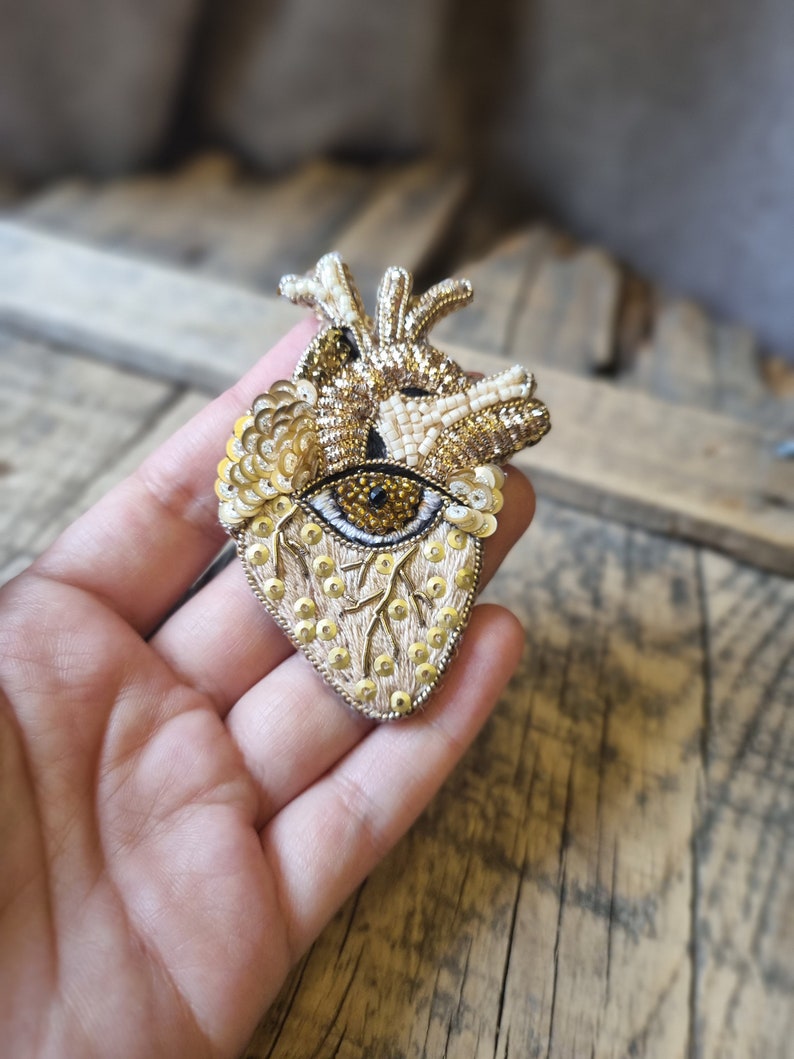 Gothic Handmade,Anatomical Heart Brooch with Beads,The Jewelry Lover, Gift For Her, Central Eye, Unique Statement Jewelry, Gift For Mother image 9