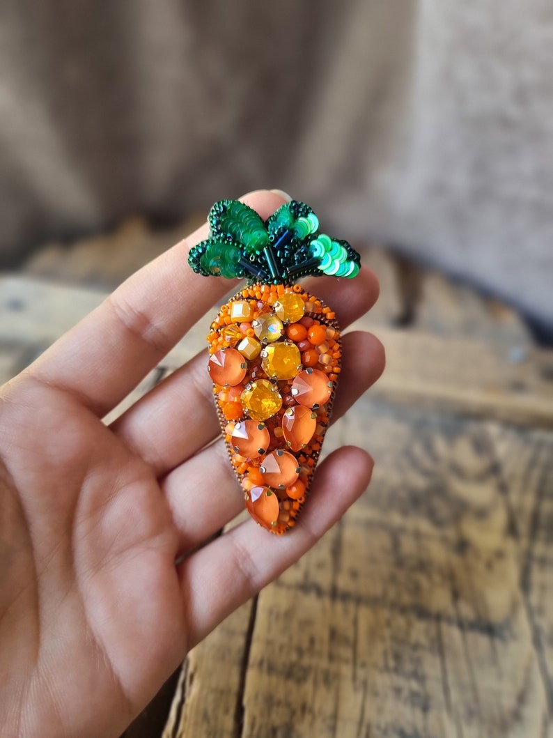 Handcrafted Carrot Brooch with Intricate Beadwork,Unique Gift For Veggie Lovers, The Jewelry Lover, Orange Accessories, Gift For Mother, image 1