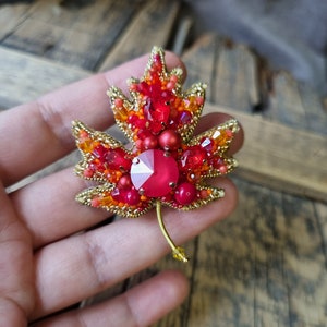 Red Leaf Brooch, Autumn Fashion, Naturel Inspired Accessory, Handmade Jewelry, Red Beaded Accessory , Gift For Mother, Gift For Valentine image 1