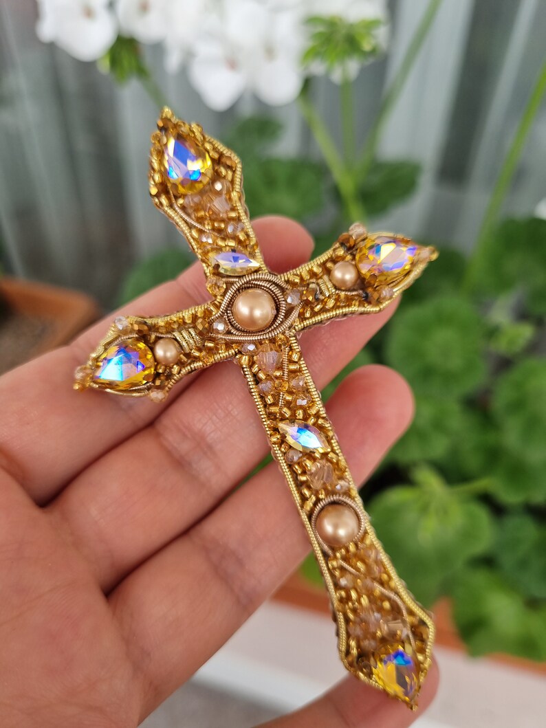 Handmade Cross Brooch, Vintage Baroque Cross, Victorian Style Pin, Catholic Accessories, Gift For Mother, Gold Cross Pin,Christian Jewelry image 4