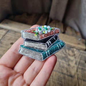 Embroidered Book Brooch, Sparkling Book Pin, Unique Gift for Mother, Elegance Jewelry,  Gift For Book Lover,  Embroidery Accessory