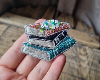 Embroidered Book Brooch, Sparkling Book Pin, Unique Gift for Mother, Elegance Jewelry,  Gift For Book Lover,  Embroidery Accessory