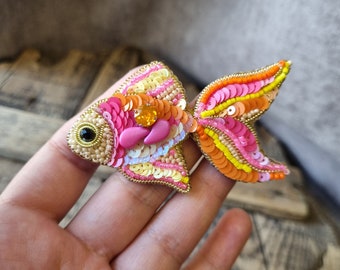 Beaded Fish Brooch, Pink Fish Pin, Embroidered Sea Animal, The Jewelry Lover, Beach Jewelry, Gift For Mother