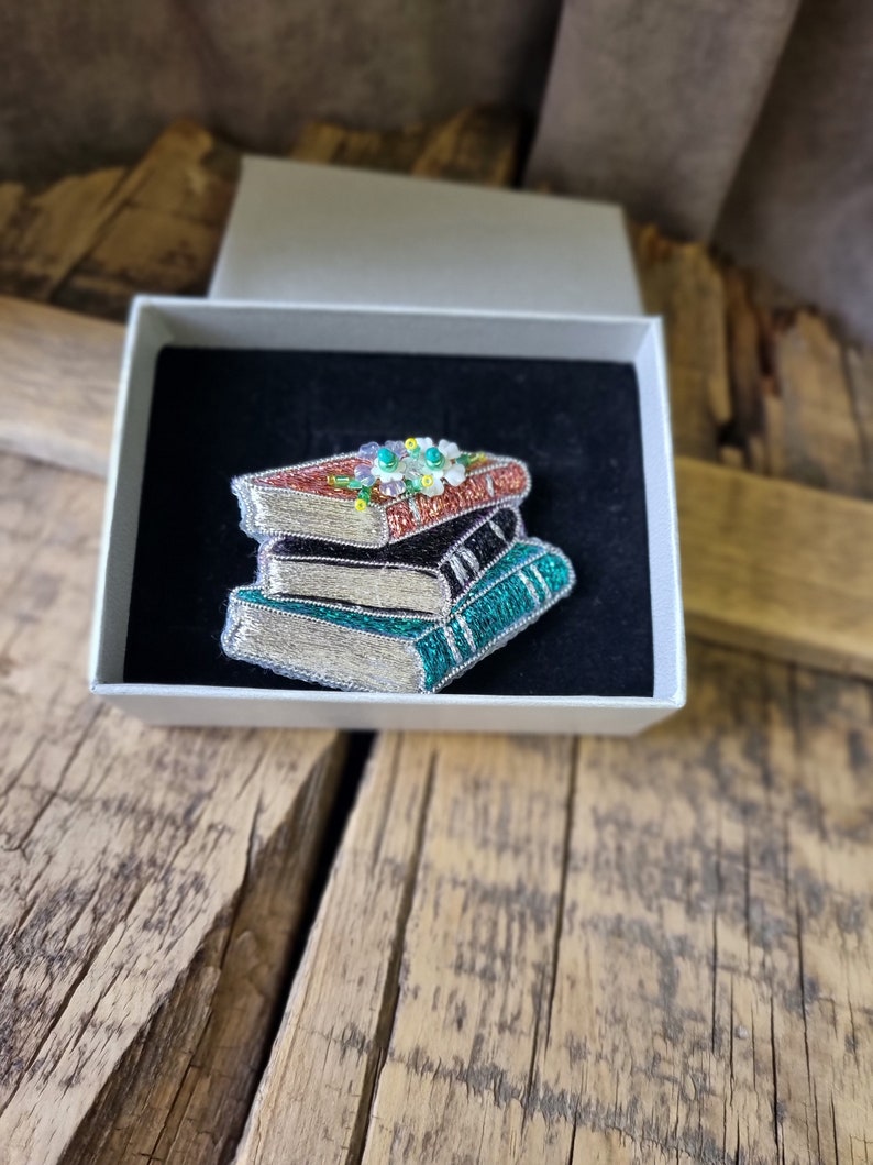 Embroidered Book Brooch, Sparkling Book Pin, Unique Gift for Mother, Elegance Jewelry, Gift For Book Lover, Embroidery Accessory image 6