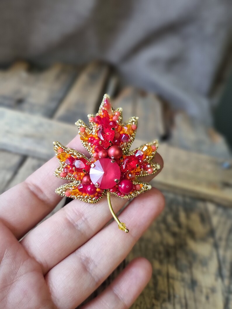 Red Leaf Brooch, Autumn Fashion, Naturel Inspired Accessory, Handmade Jewelry, Red Beaded Accessory , Gift For Mother, Gift For Valentine image 4