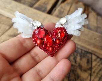 Handcrafted White Angel Wing, Red Heart Brooch, Unique Gift for Mother's Day, Valentine's Day Gift, Romantic Gifts, Beaded Jewelry