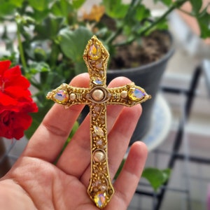 Handmade Cross Brooch, Vintage Baroque Cross, Victorian Style Pin, Catholic Accessories, Gift For Mother, Gold Cross Pin,Christian Jewelry image 2