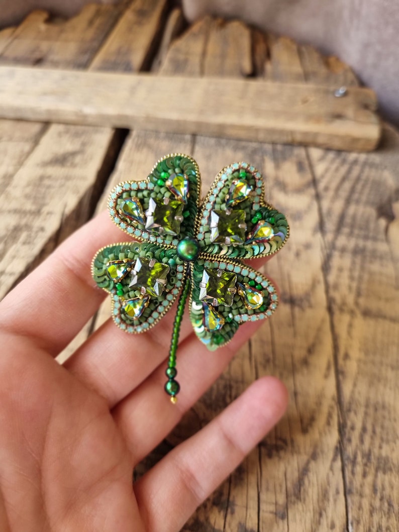 Handcrafted Clover Brooch, Unique Accessory, Gift For Mom, The Jewelry Lover, Gift For Nature Lover, Four Leaf Clover, Mother's Day Gift image 5