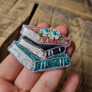 Embroidered Book Brooch, Sparkling Book Pin, Unique Gift for Mother, Elegance Jewelry, Gift For Book Lover, Embroidery Accessory image 9