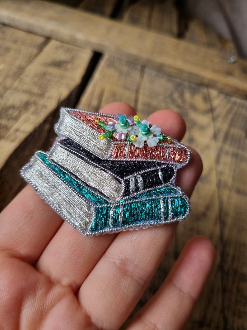 Embroidered Book Brooch, Sparkling Book Pin, Unique Gift for Mother, Elegance Jewelry, Gift For Book Lover, Embroidery Accessory image 9